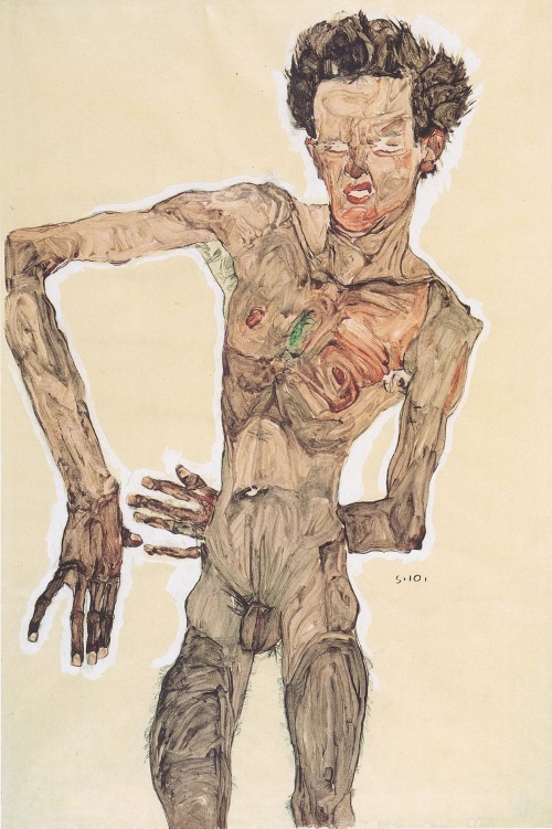 Naakt zelfportret met grimas - Egon Schiele