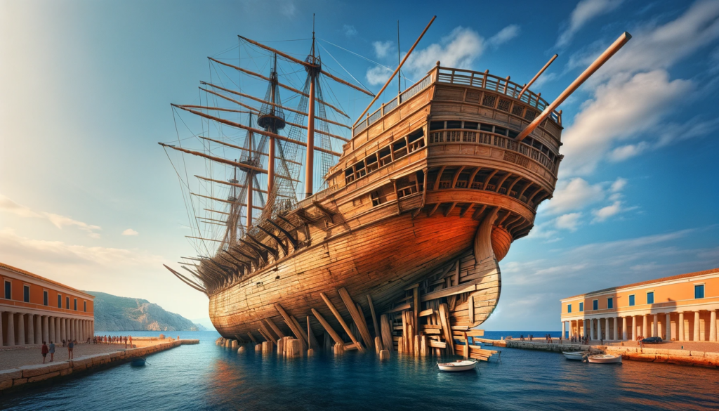 DALL·E 2023 12 14 11.12.47 The Ship of Theseus an ancient philosophical concept depicted in a wide format. The image shows an old wooden ship partially restored with newer pl