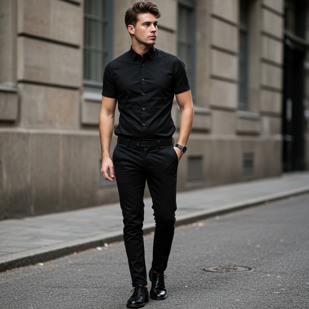 White,Man,With,Medium,Build,Wearing,A,Sleek,Black,Short sleeve